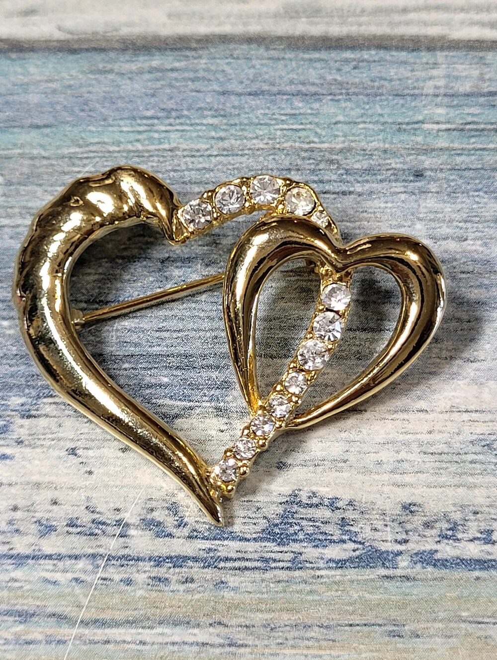 Gold Heart Duo Brooch with Rhinestones Accents - Women Jewelry
